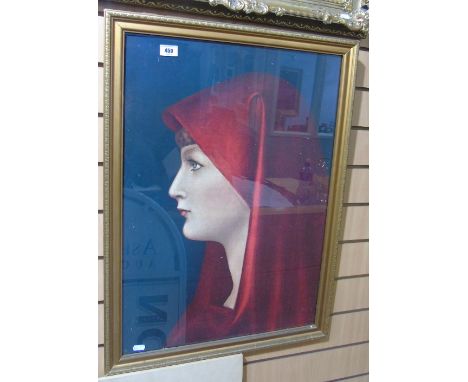 An Attractive Colour Print of a Woman with Red Scarf. 68 x 48cm.