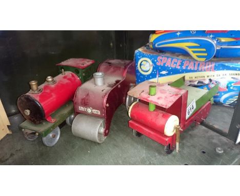 3 scratch built models of steam trains, lorry and roller
