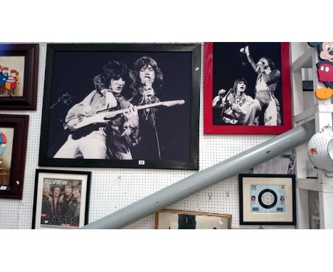 3 framed &amp; glazed items including Rolling Stones concert photo's by Steve Emberton &amp; framed &amp; glazed 45rpm record