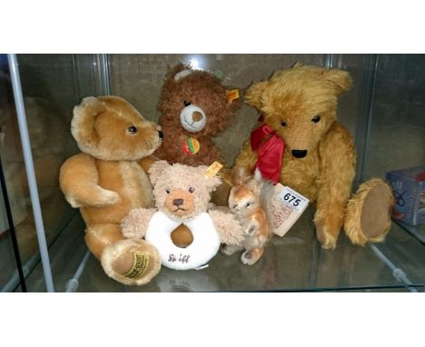 Steiff bear, squirrel & baby rattle, Merrythought bear and the Gruff bear Co. bear