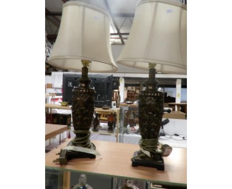 A pair of Ormalu bronze effect resin table lamps (height including shade 58cm)