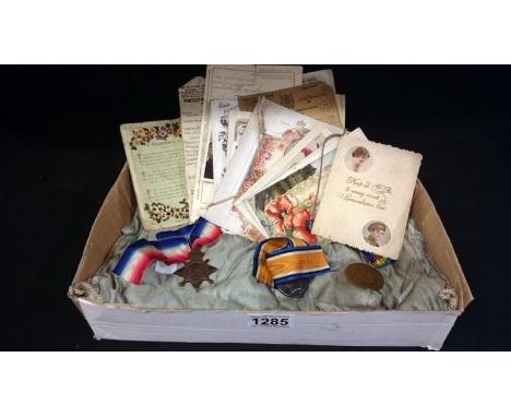 3 WWI medals WWI postcards, silks, cushion and ephemera