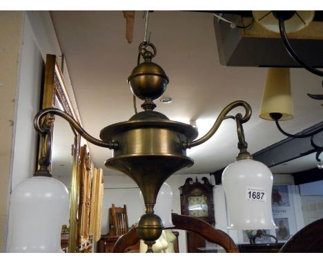 A hanging brass 3 arm ceiling light 1 shade a/f