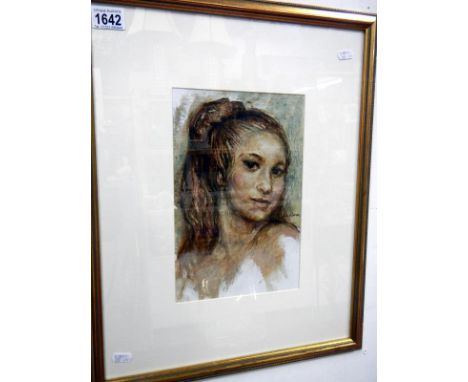 A signed mixed media portrait painting of a young girl by Alf O'Brien (Alfred Ainslie O'Brien) (1912 - 1988)