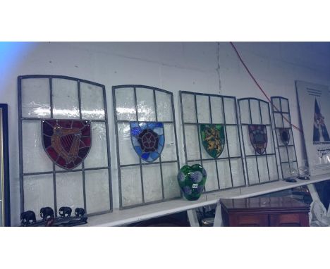 5 Victorian leaded glass panels with stained glass shield depicting lion, harp, rose &amp; fleur de Lys