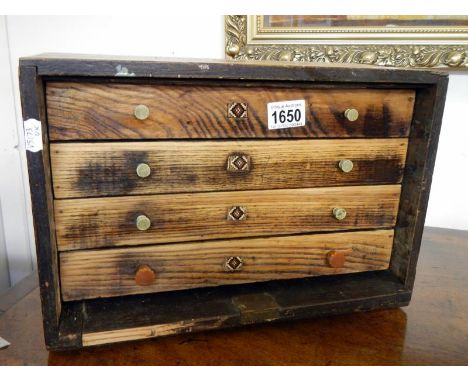 A 4 drawer tool chest with Tunbridge ware decoration & some tools