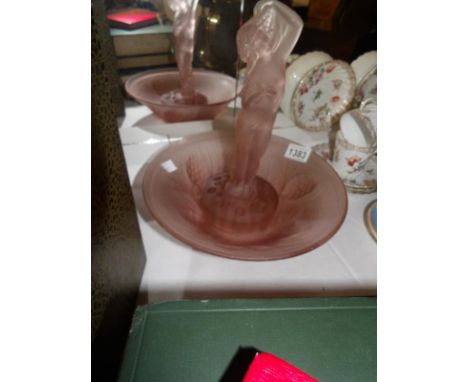 An art deco pink glass rose bowl with central figure