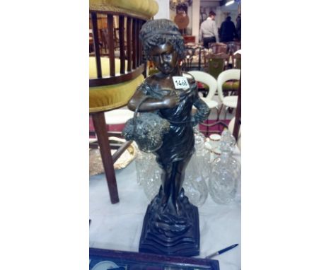 Bronze cherub holding basket marked on base '4 Roucher'