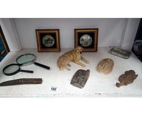 Mixed lot inc. Border fine arts dog, wall figure of Lincoln imp, 2 framed ceramic items with hunting scenes etc