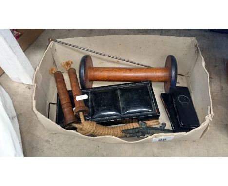 Old skipping rope, bobbin, art paints, brass crocodile nut crackers