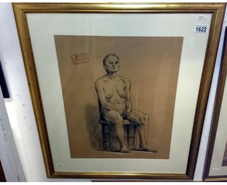 Studio stamped 1950's coloured graphite drawing of a seated nude by Cambridge art school tutor John Hall (1921-206) inc. lett