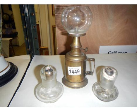 A brass French pigeon oil lamp and 2 others