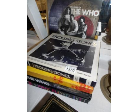 5 boxed music books being 2 The Who, 1 Rolling Stones, 1 Led Zeppelin and 1 Pink Floyd