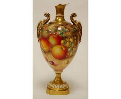 A Royal Worcester porcelain vase decorated with fruit on a mossy bank by Harry Ayrton, signed, shape No. 1969 black mark, not