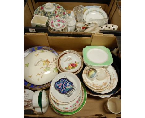 Three boxes of miscellaneous to include Booths Floradora pattern teawares, Wedgwood Beaconsfield part tea service etc