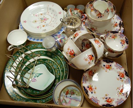 A box of miscellaneous china to include; Victorian part tea service, silver plated toast rack, Carltonware dish etc 