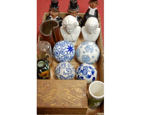 A box of miscellaneous items to include a Parian portrait bust of Mozart, blue & white ceramic spheres, Etruscan style vase e