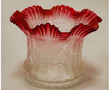 A late Victorian acid etched cranberry tinted glass oil lamp shade Condition Report / Extra Information Very small nibbles to