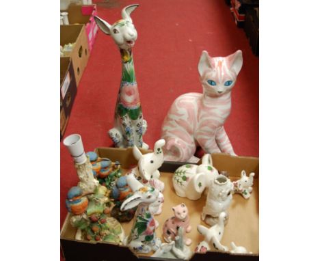 A collection of assorted animal figures to include large Italian seated cat, Nao figure of geese etc