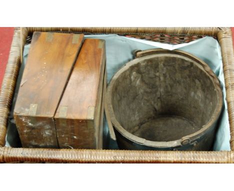 A wicker picnic hamper and contents to include a Victorian walnut brass bound writing slope (a/f), coopered oak bucket, toget
