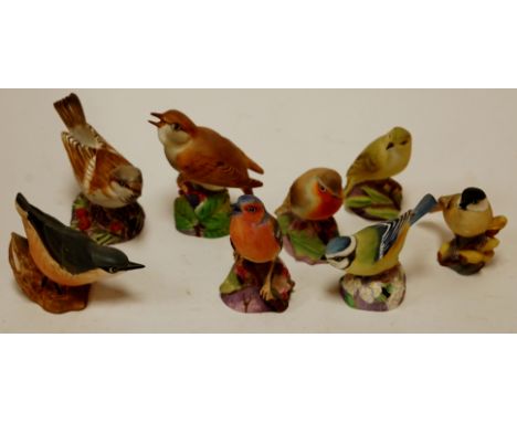 A collection of eight various Royal Worcester bone china birds as follows: Sparrow No. 3236, Marsh tit No. 3336, Nuthatch No.