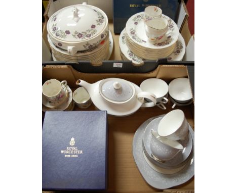 Two boxes of tea and dinner wares to include Royal Crown Derby, Royal Worcester, and Royal Doulton etc