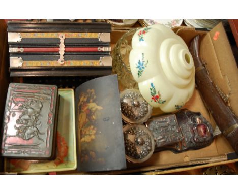 A box of miscellaneous items to include; small mid-20th century German piano accordion, various lithograph printed tins, glas