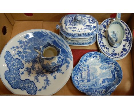 A box of assorted 19th century and later blue and white transfer decorated tablewares to include Spode Italian etc