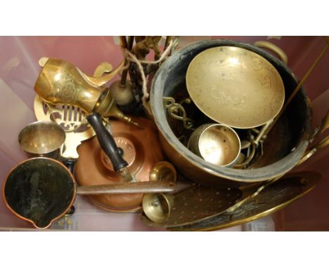 A box of miscellaneous metal wares to include brass lyre shaped trivet, fire tools, helmet shaped coal scuttle etc