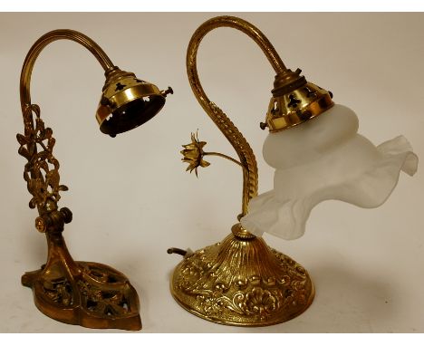 A reproduction brass desk lamp, having frosted glass shade; together with another brass desk lamp, **BOTH REPUTEDLY BY CHRIST
