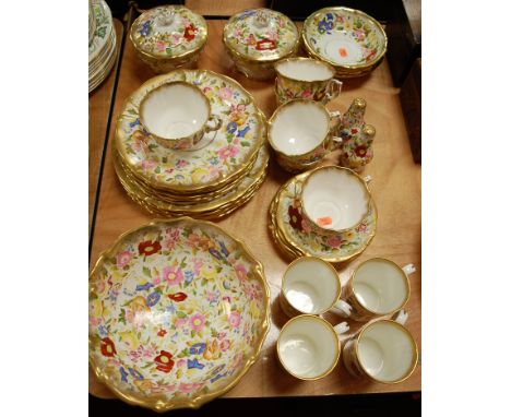A Hammersley & Co bone china part tea and dinner service, transfer decorated with various flowers within gilt borders Conditi