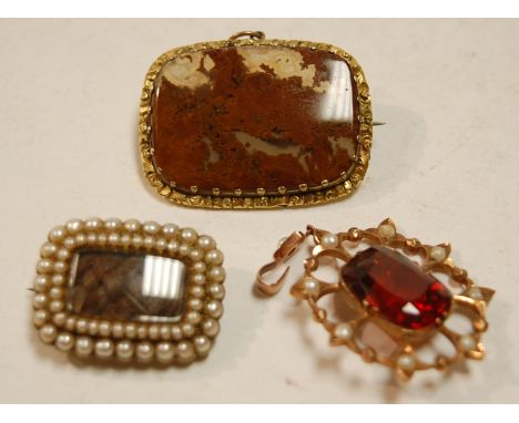 A gilt metal and agate set brooch; together with a 19th century yellow metal and seed pearl set mourning brooch, centre set w