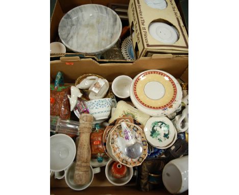 Three boxes of miscellaneous china to include boxed Staffordshire tea service, onyx comport, cottageware teapot etc