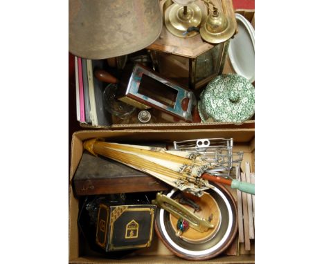 Two boxes of miscellaneous items to include playing card dispenser, hanging lantern, parasol etc