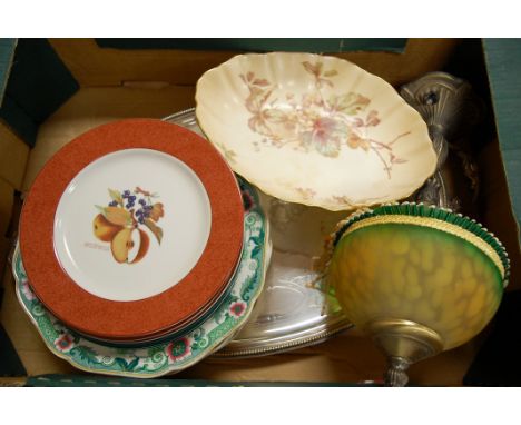 Two boxes of miscellaneous items to include; Art Deco style table lamp, Doulton Burslem fruit bowl etc 
