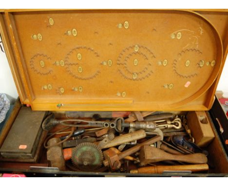 A collection of assorted 19th century and later hand tools, in painted pine tool box; together with a Bagatelle board 