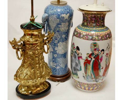 A reproduction Chinese Canton style table lamp, of bluster form; together with two other Chinese style table lamps (3)