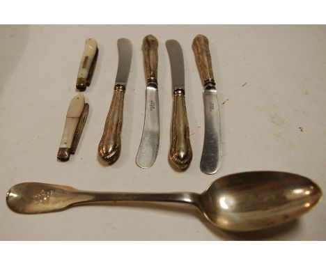 A collection of miscellaneous items to include two Victorian silver bladed mother of pearl handled fruit knives, cased set of