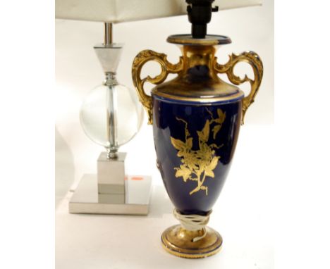 A mid-20th century porcelain twin handled vase, later converted to a table lamp (a/f); together with one other contemporary t