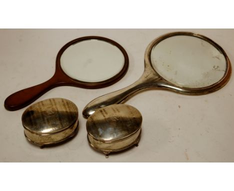 A pair of George V Chester silver ring boxes, each having engine turned hinged covers, with matching hand mirror; together wi
