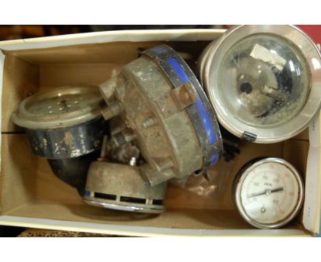 A collection of assorted automobile gauges to include; Jaeger chromometric rev-counter, Smith's speedometer, and a Desmo Ltd 