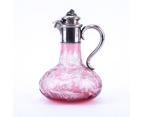 Faberge Moscow 1896 Silver and Cut Ruby to Clear Glass Decanter with Relief Flower Finial. Stamped ?.???????, 88 (Moscow city