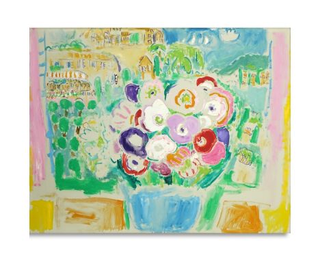Bob Paul Kane, American (1937 - 2013) Oil on canvas "Floral Abstract". Signed. Good condition. Measures 42" x 52", frame meas