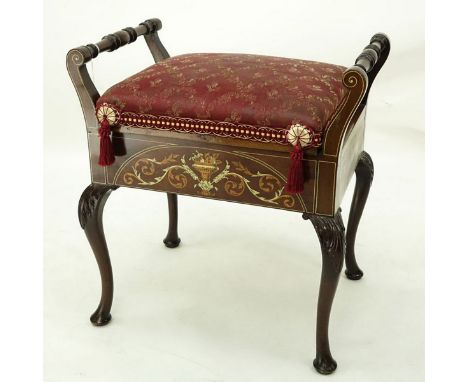 Antique Queen Anne Style Painted and Inlaid Upholstered Bench. Rubbing to varnish, split to wood on one side, light scratches