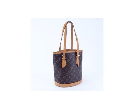 Louis Vuitton Brown Monogram Coated Canvas Bucket PM Bag. Golden brass hardware, beige leather interior with zipper and slot 
