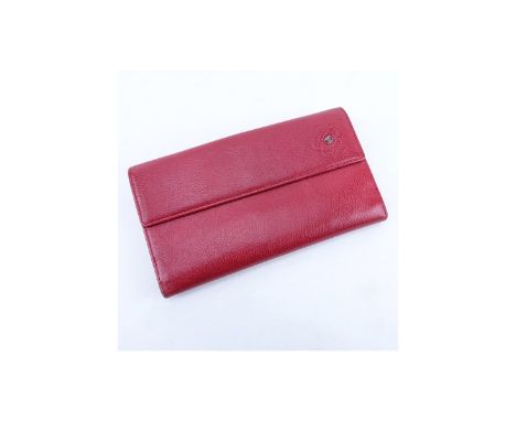 Chanel Red Small Grained Leather Flower Logo Long Wallet. Silver tone hardware, grey fabric interior. Labeled appropriately, 