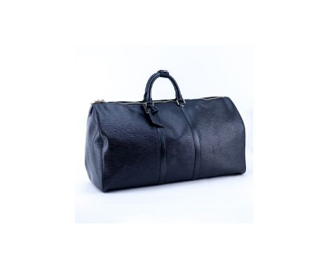 Louis Vuitton Black Epi Leather Keepall 55 Travel Bag. Golden brass hardware, leather interior, luggage tag, handle strap. La