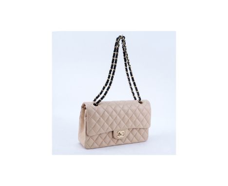 Chanel Light Beige Quilted Leather Bicolor Classic Double Flap 26 Bag. Gold tone hardware, beige interior with zippered and p