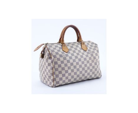 Louis Vuitton Ivory Damier Azur Coated Canvas Speedy 30 Bag. Golden brass hardware, vachetta leather, interior of beige canva