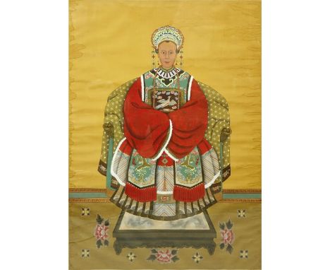 Large Antique Chinese Qing Dynasty Style Watercolor on Silk Scroll Painting, Seated Empress. Water stains to border otherwise